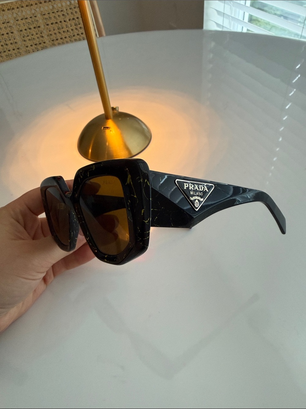 Prada Black Marble Acetate Sunglasses with Brown Lenses